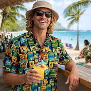 Denim & Flower Shirt Mens XL Hawaiian Button‎ Up Tropical Resort Luau Surf
